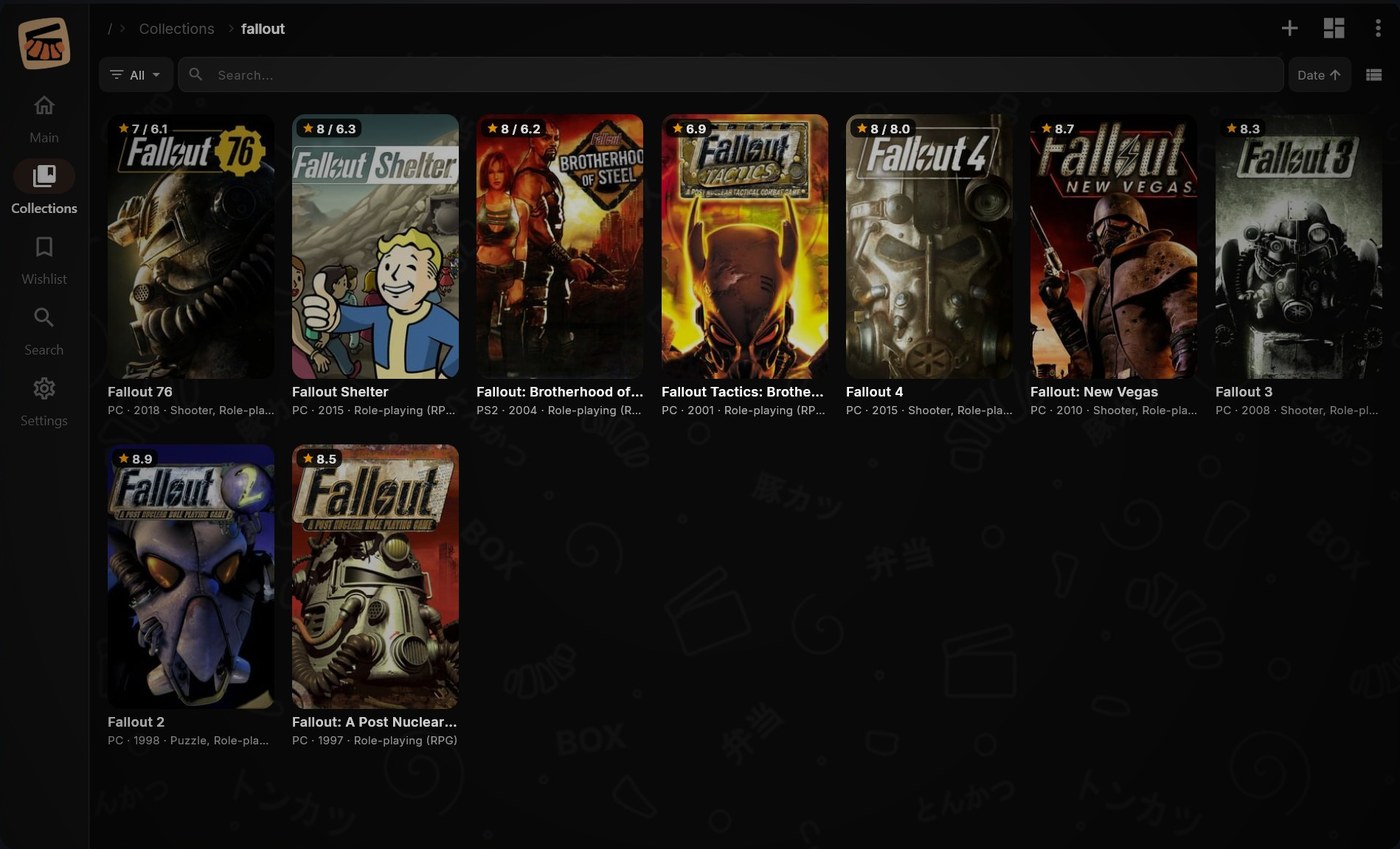 Collection grid view with ratings and search
