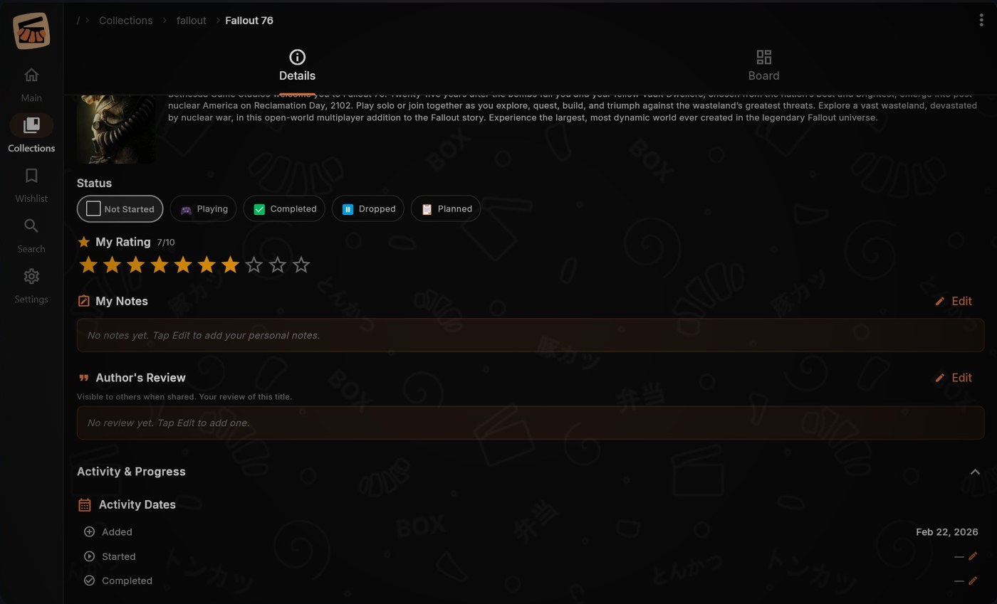 Item details with status, rating and notes